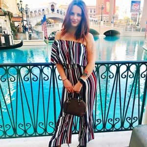 One shoulder, stripped jump suit